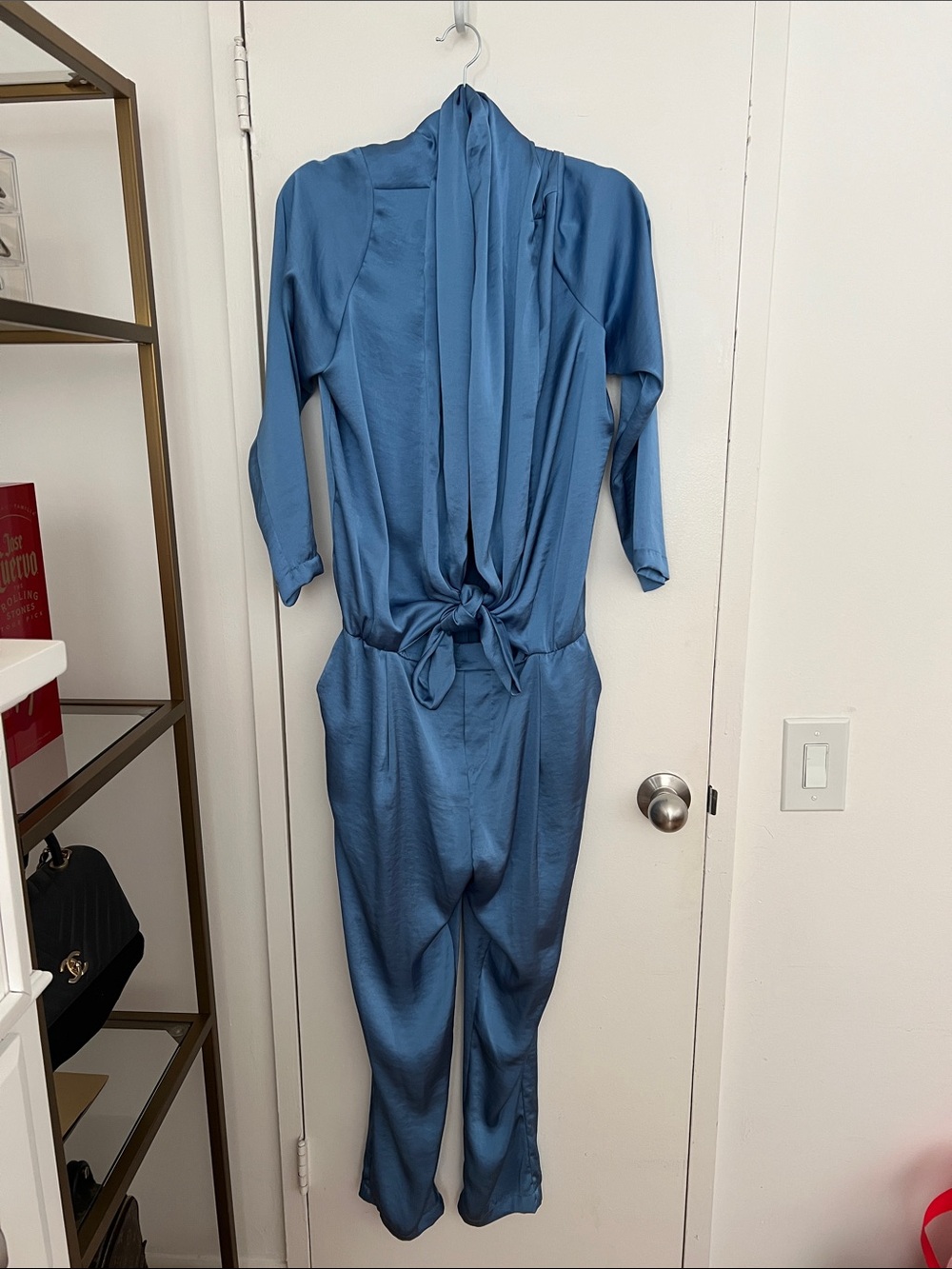 Blue Satin Tie-Front Long-Sleeve Jumpsuit